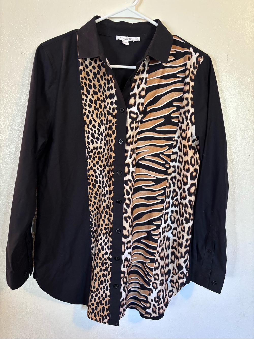 Chico's Black Button-Front Shirt with Mixed Animal Panels